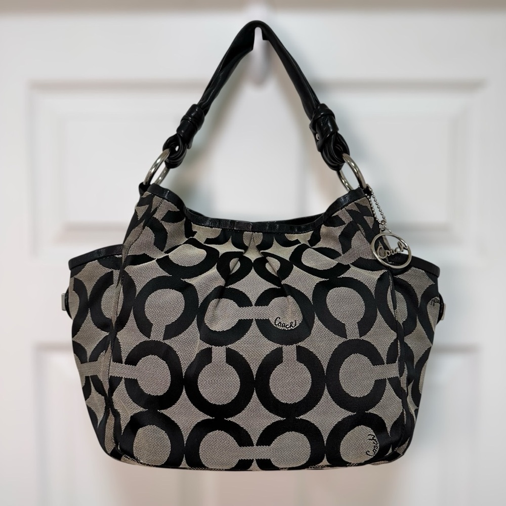 SOLD Coach Parker Opt Art Large Hobo Bag Signature Canvas Black Leather Y2K